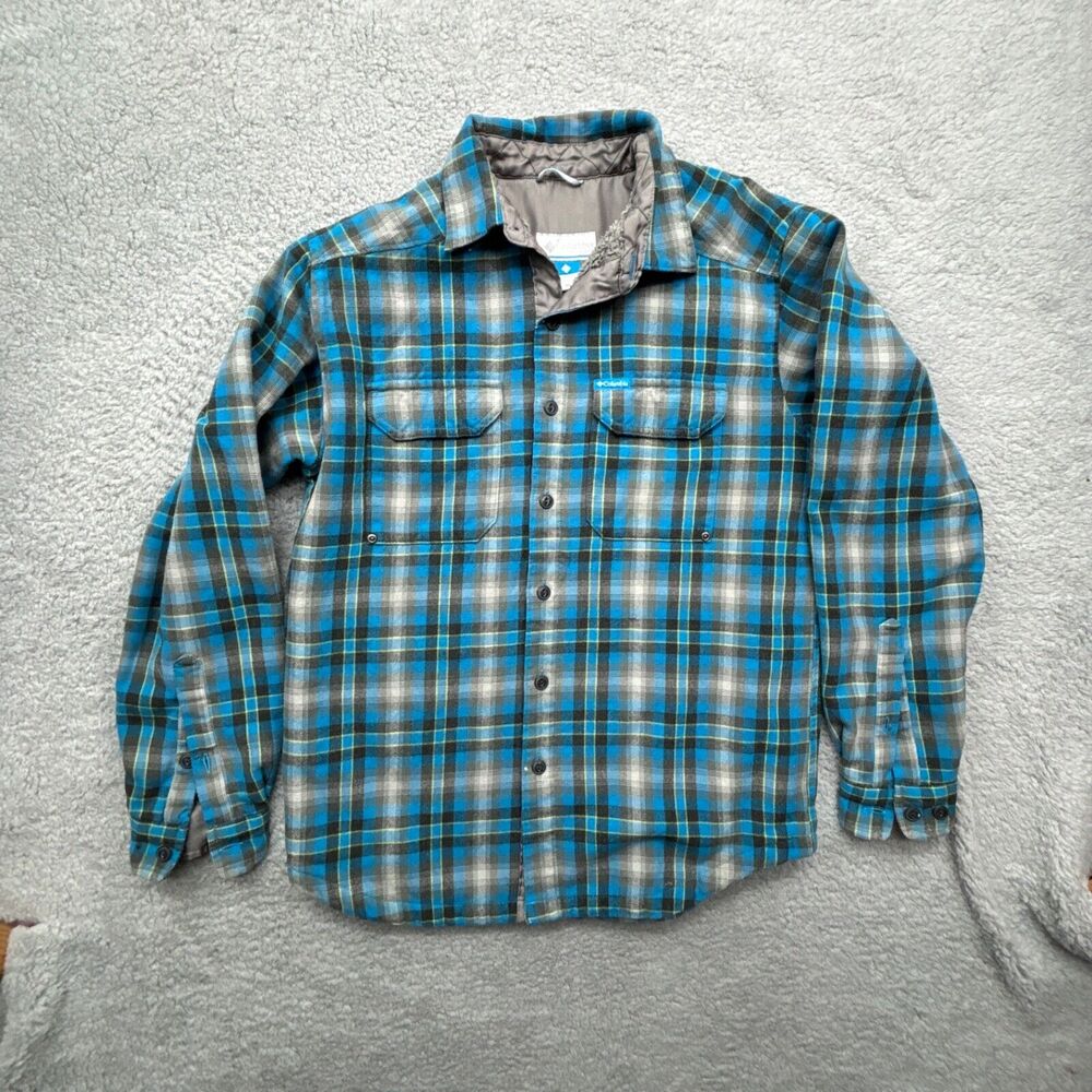 Columbia Shacket Mens M Blue Plaid Fleece Lined Button Down Shirt Jacked